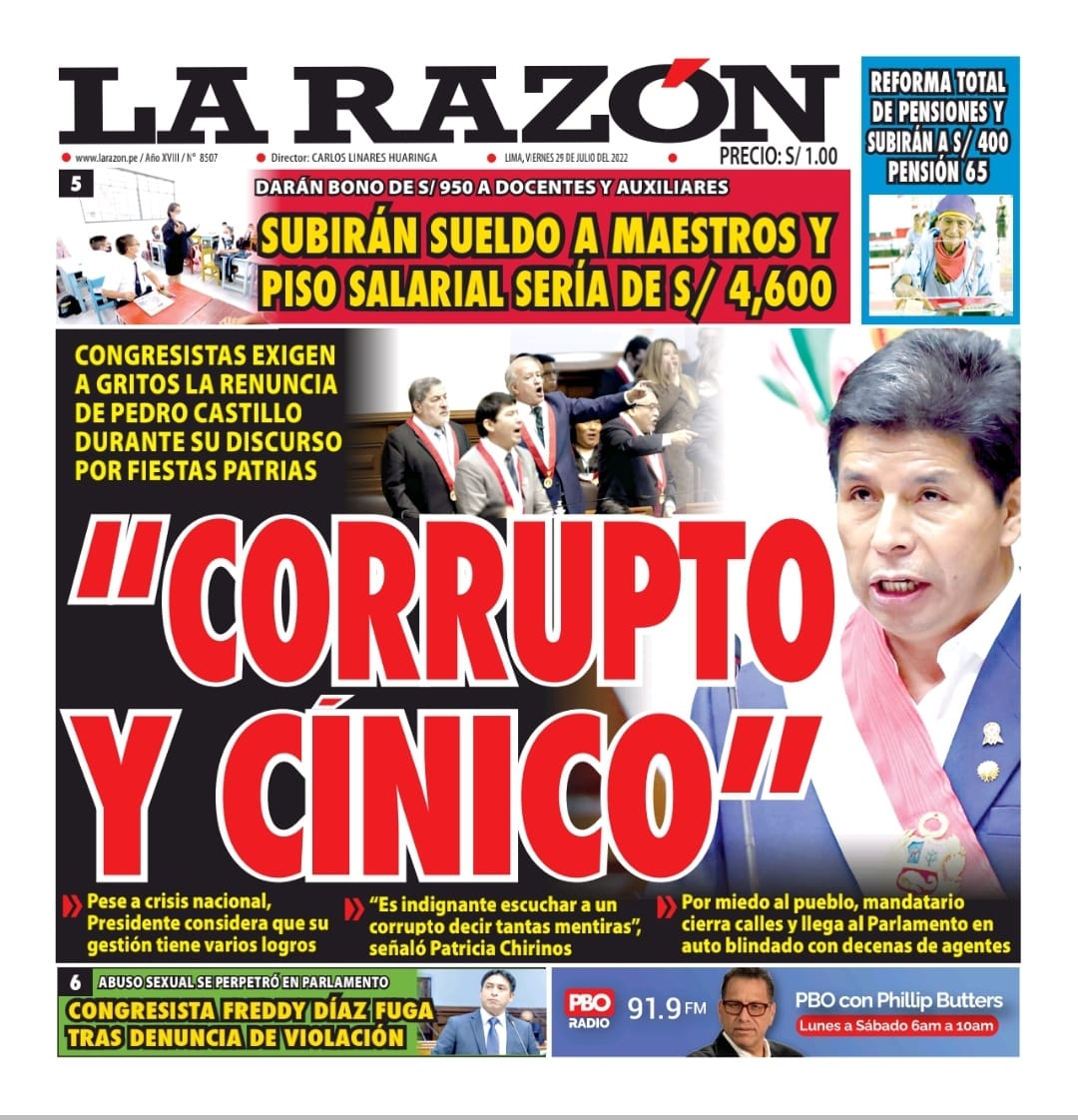 Portada impresa – Diario La Razón (29/07/2022)
