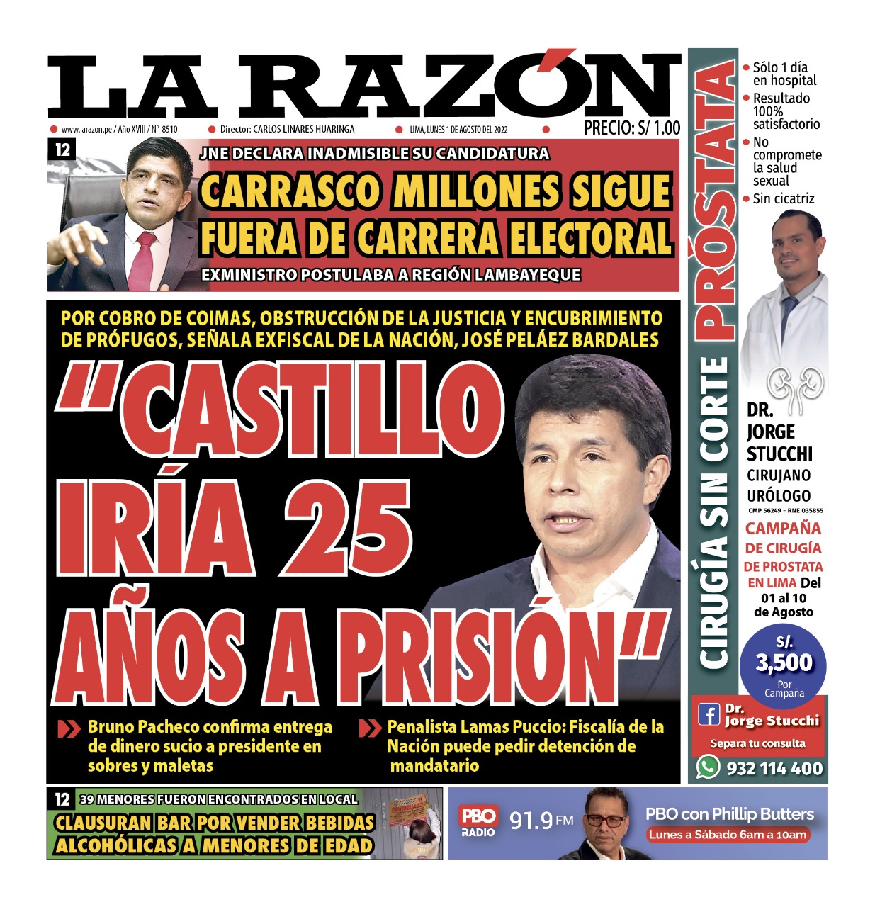 Portada impresa – Diario La Razón (01082022)