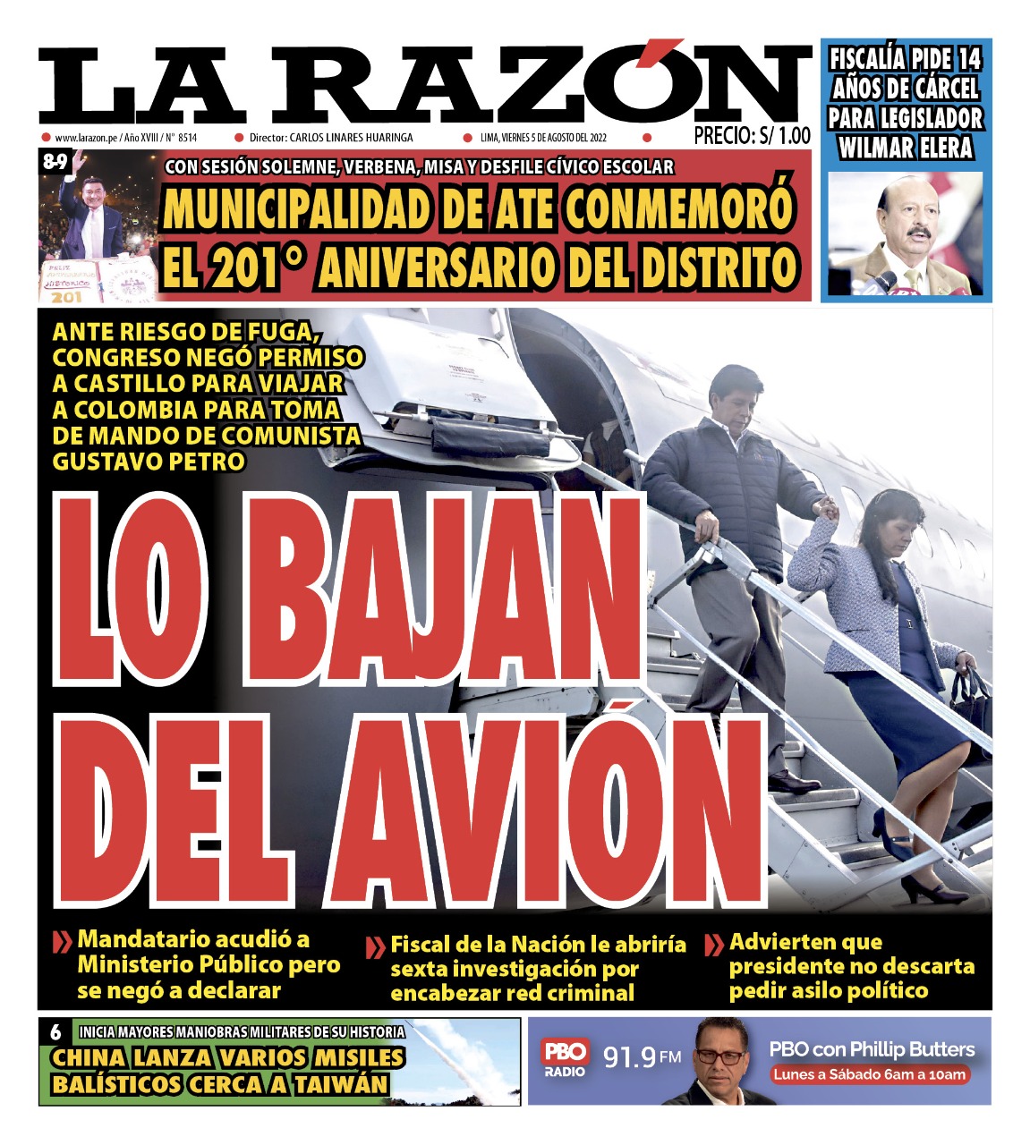 Portada impresa – Diario La Razón (05/08/2022)