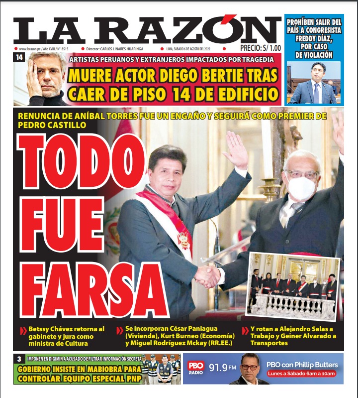 Portada impresa – Diario La Razón (06/08/2022)
