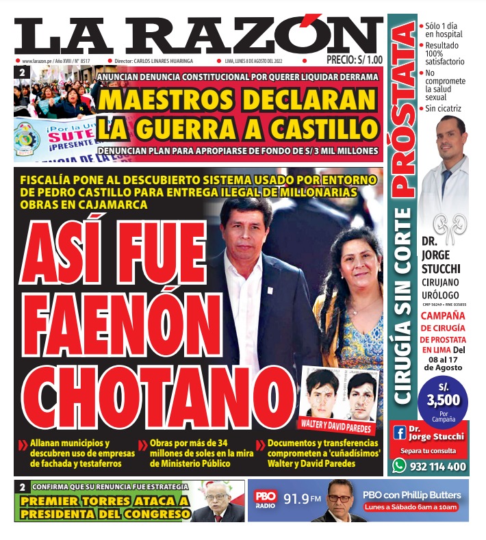 Portada impresa – Diario La Razón (08/08/2022)