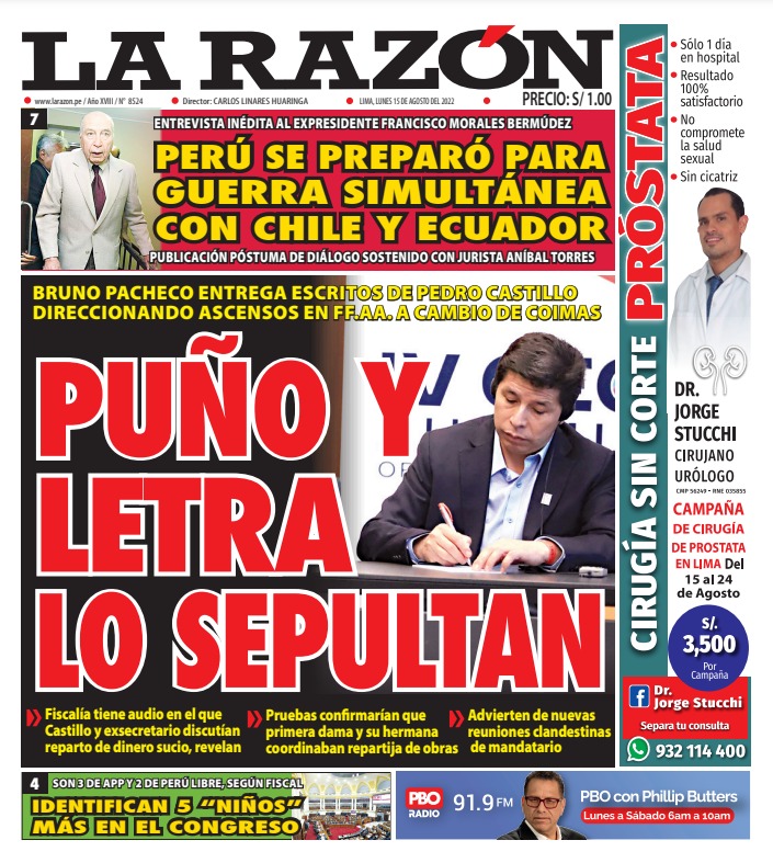 Portada impresa – Diario La Razón (15/08/2022)