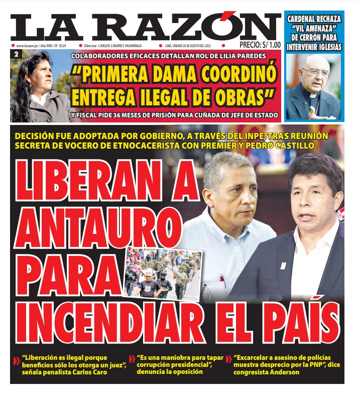 Portada impresa – Diario La Razón (20/08/2022)