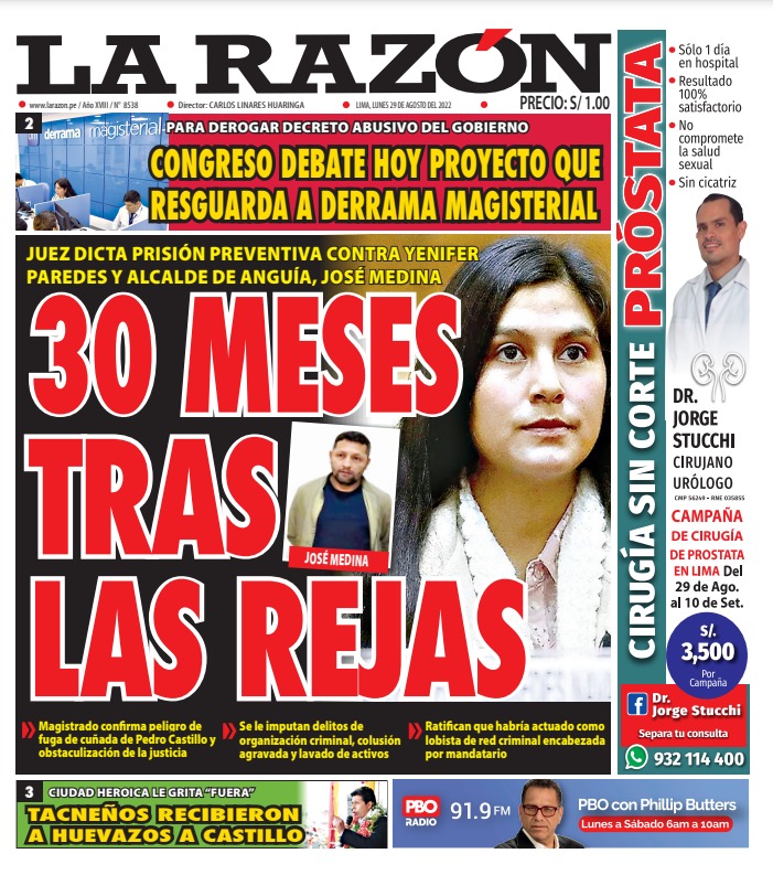 Portada impresa – Diario La Razón (29/08/2022)