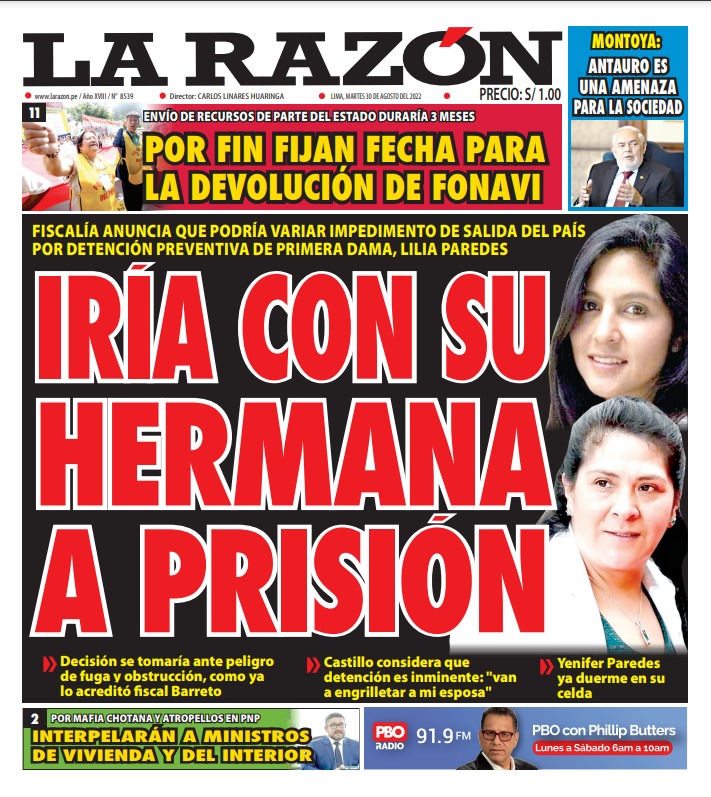 Portada impresa – Diario La Razón (30/08/2022)