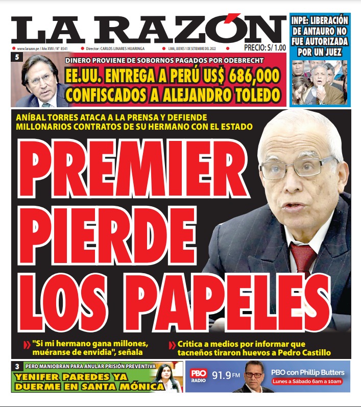 Portada impresa – Diario La Razón (01/09/2022)
