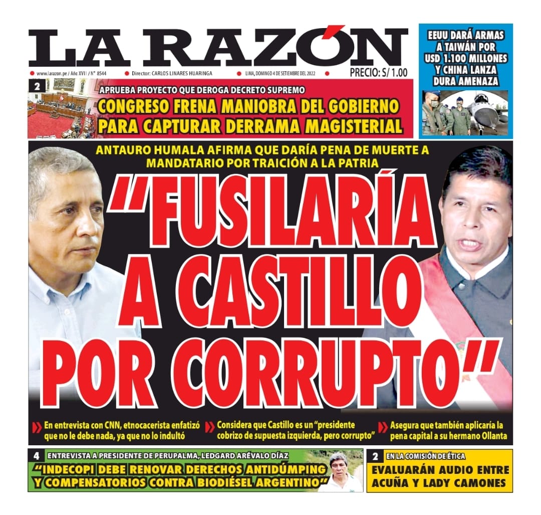 Portada impresa – Diario La Razón (04/09/2022)