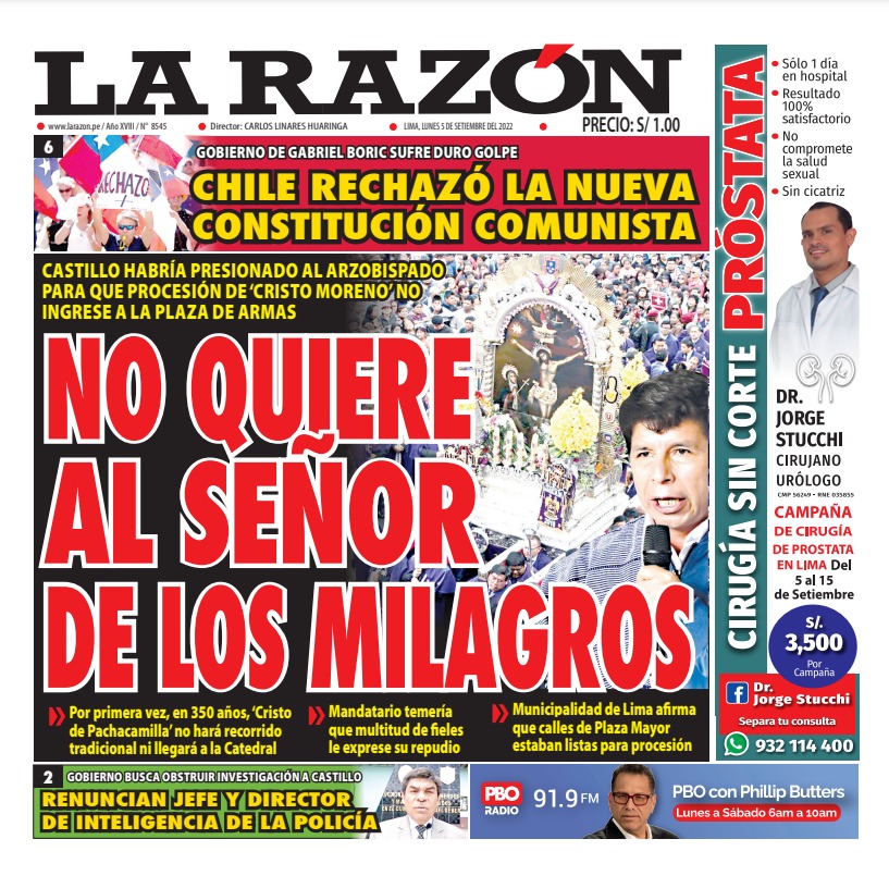 Portada impresa – Diario La Razón (05/09/2022)