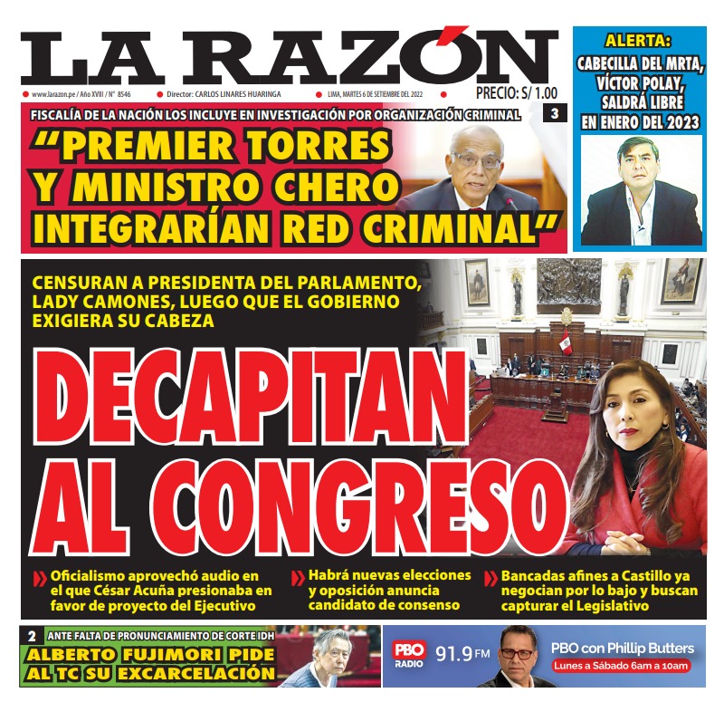 Portada impresa – Diario La Razón (06/09/2022)