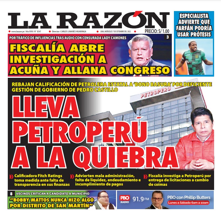 Portada impresa – Diario La Razón (07/09/2022)