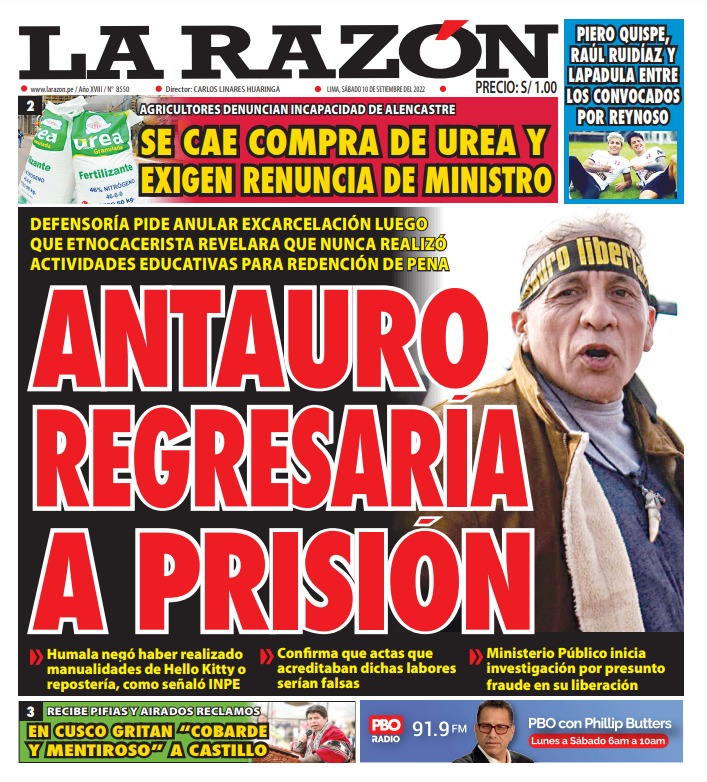 Portada impresa – Diario La Razón (10/09/2022)