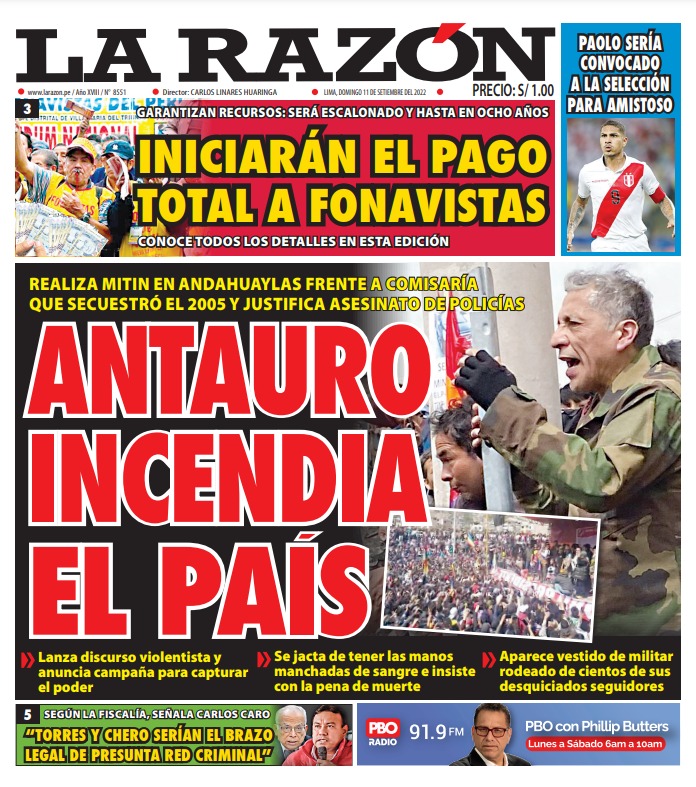 Portada impresa – Diario La Razón (11/09/2022)