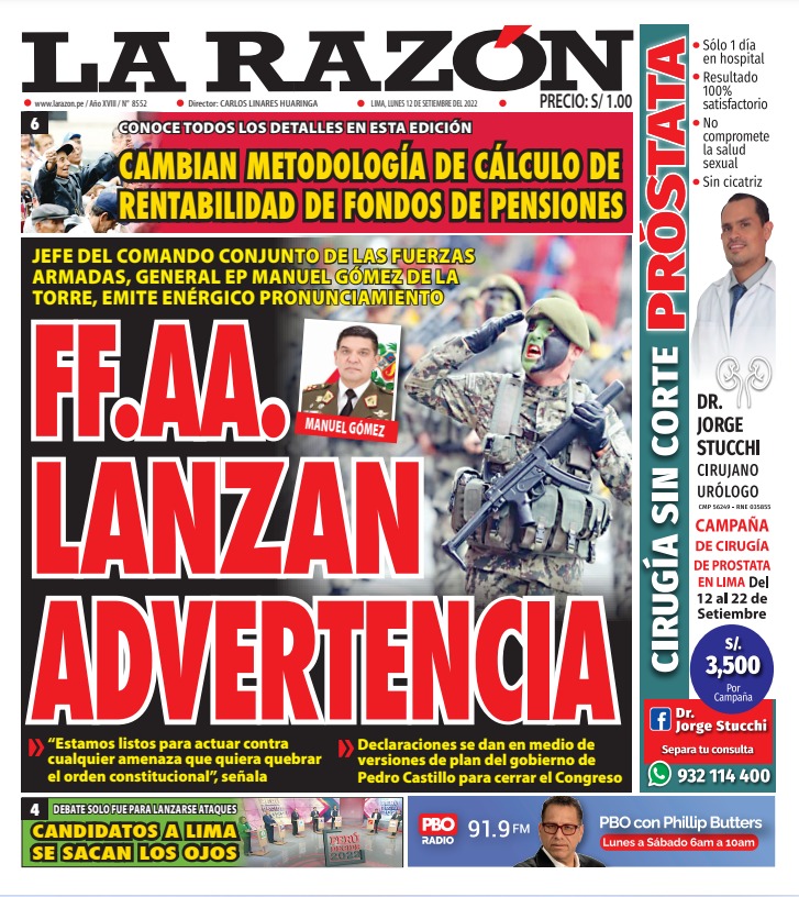 Portada impresa – Diario La Razón (12/09/2022)