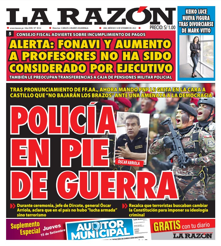 Portada impresa – Diario La Razón (14/09/2022)