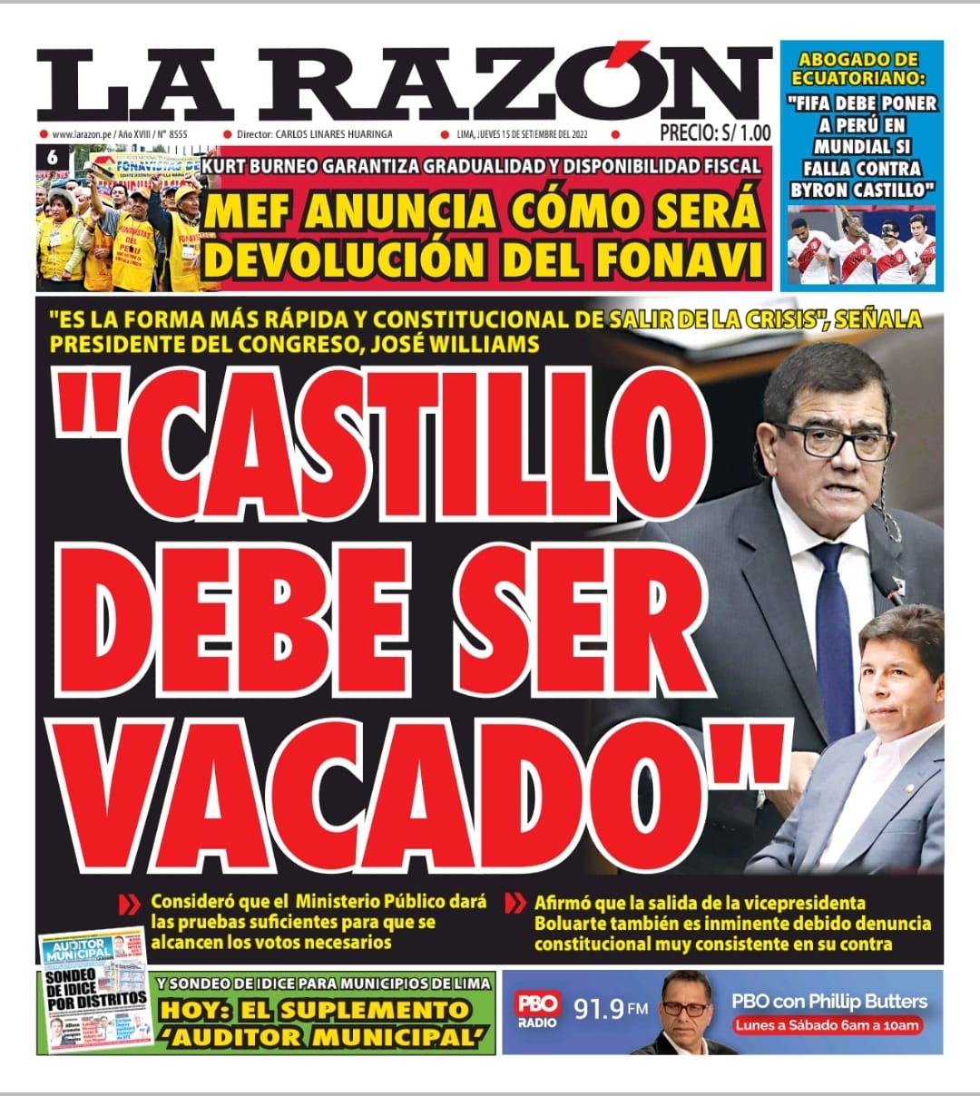 Portada impresa – Diario La Razón (15/09/2022)