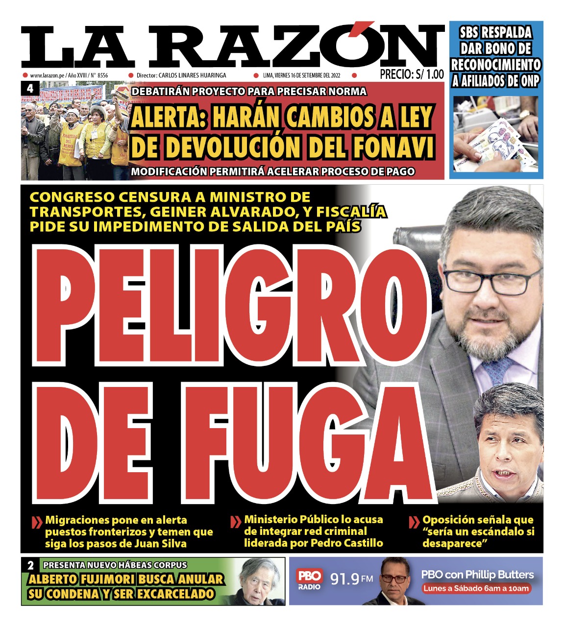 Portada impresa – Diario La Razón (16/09/2022)