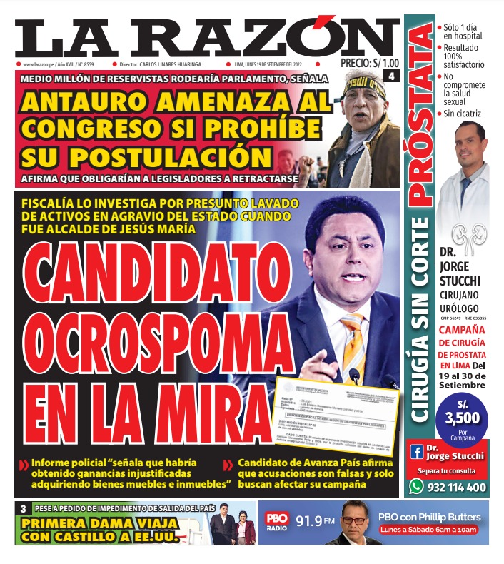 Portada impresa – Diario La Razón (19/09/2022)