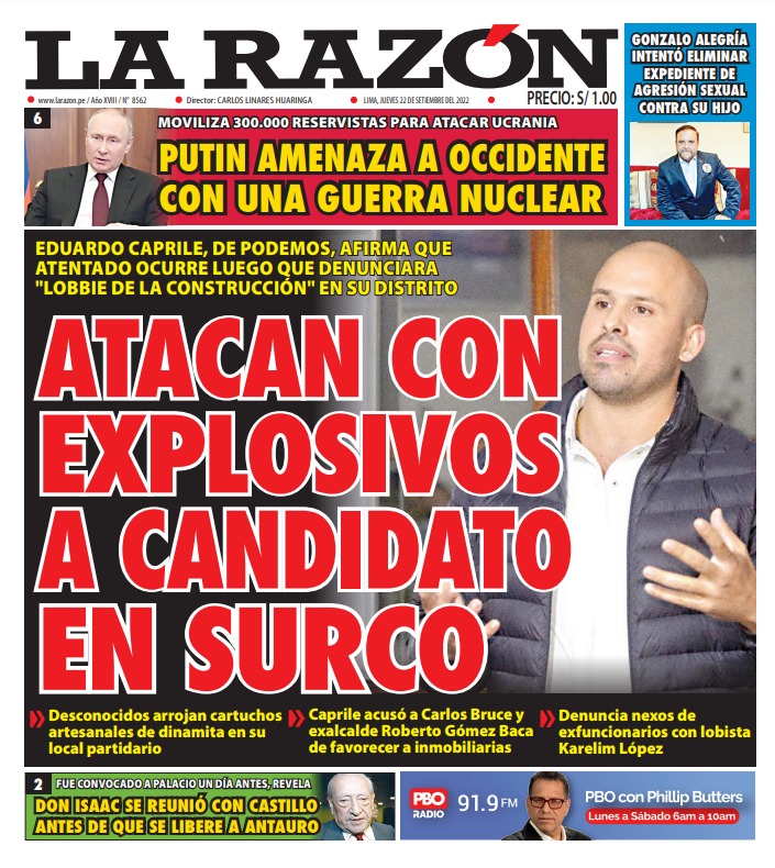 Portada impresa – Diario La Razón (22/09/2022)