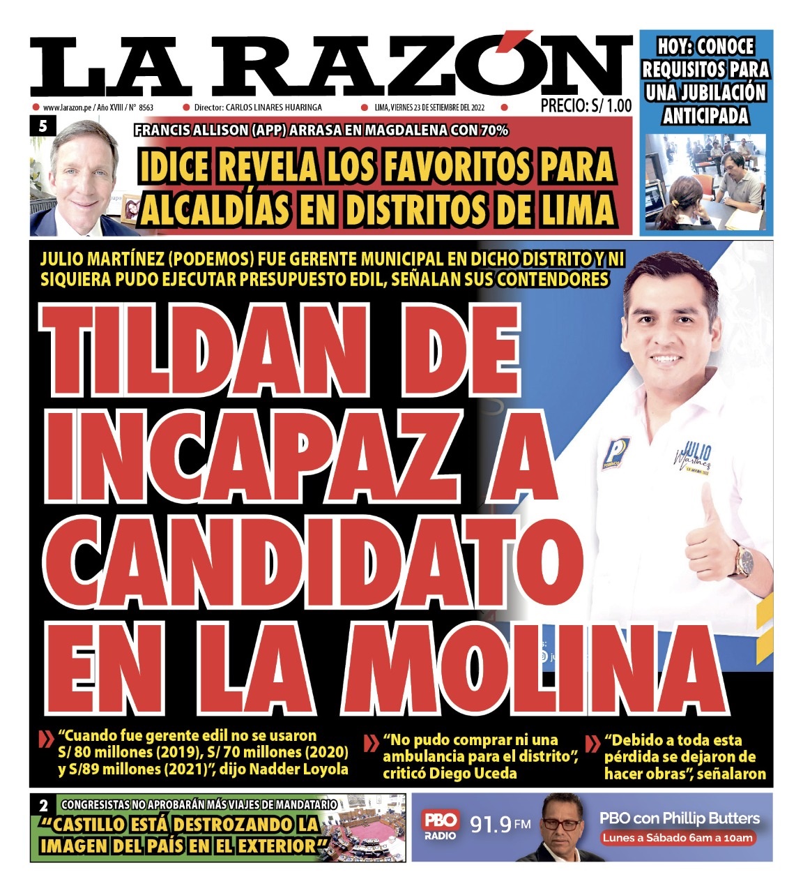 Portada impresa – Diario La Razón (23/09/2022)