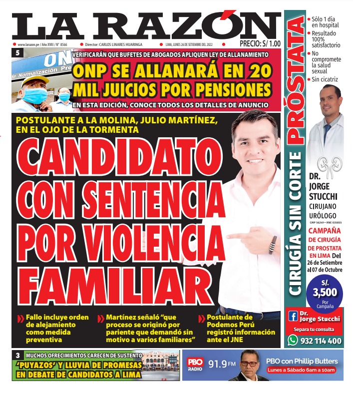 Portada impresa – Diario La Razón (26-09-2022)
