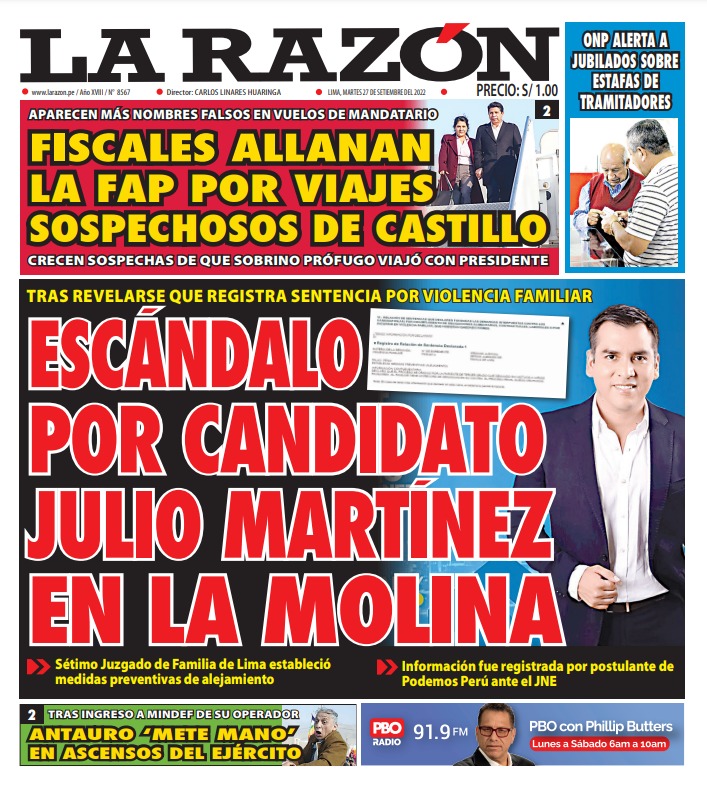 Portada impresa – Diario La Razón (27/09/2022)