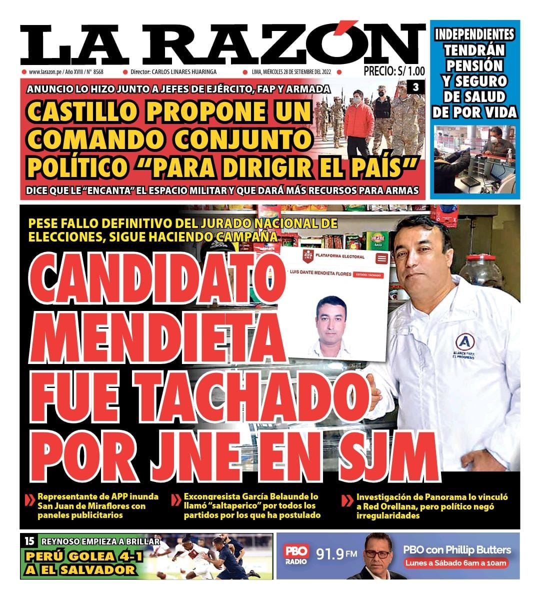 Portada impresa – Diario La Razón (28/09/2022)