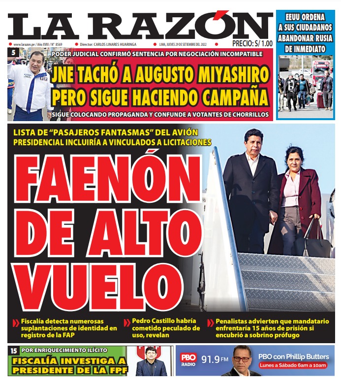 Portada impresa – Diario La Razón (29/09/2022)
