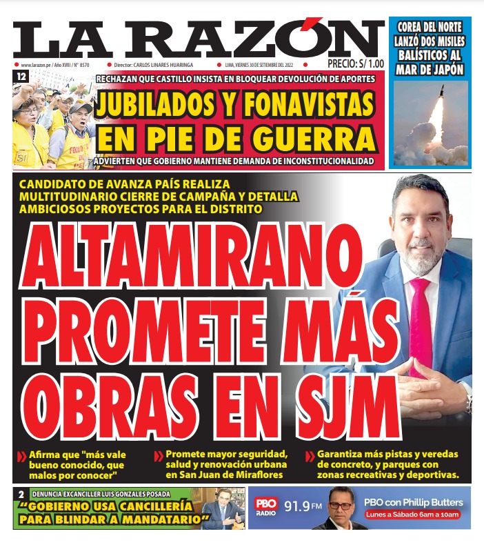 Portada impresa – Diario La Razón (30/09/2022)