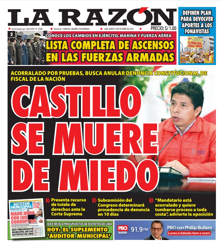 Portada impresa – Diario La Razón (18/10/2022) - La Razón