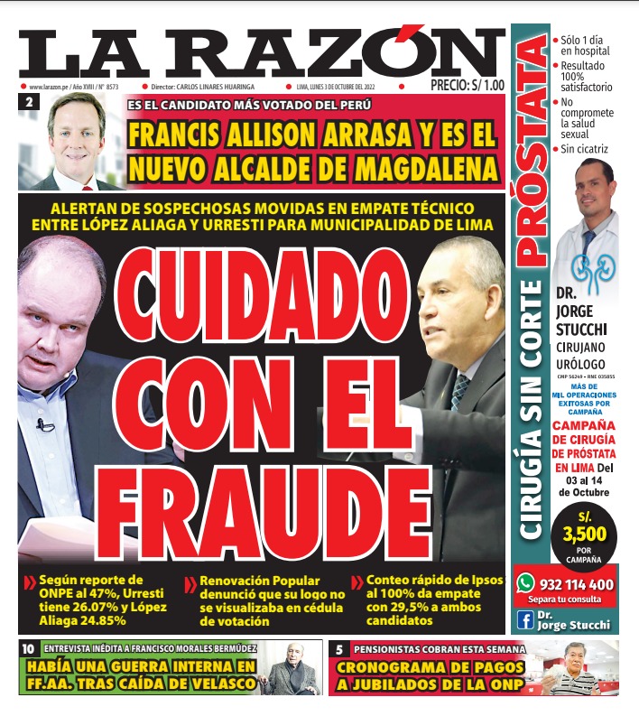 Portada impresa – Diario La Razón (03102022)