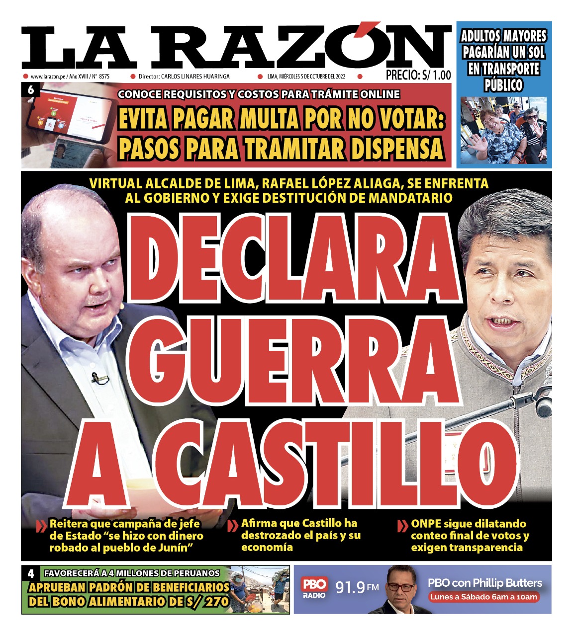 Portada impresa – Diario La Razón (05/10/2022)