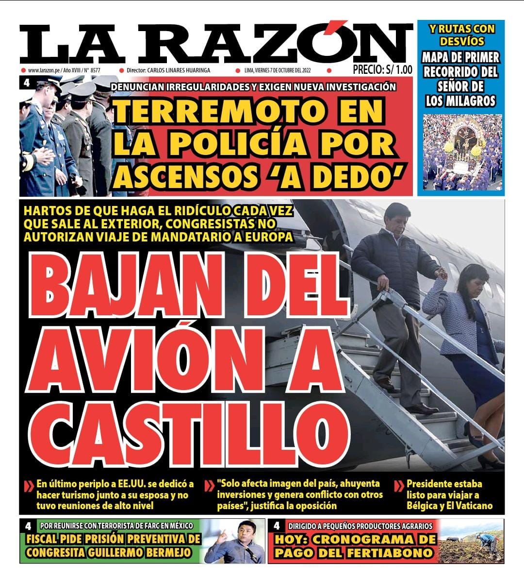 Portada impresa – Diario La Razón (07/10/2022)
