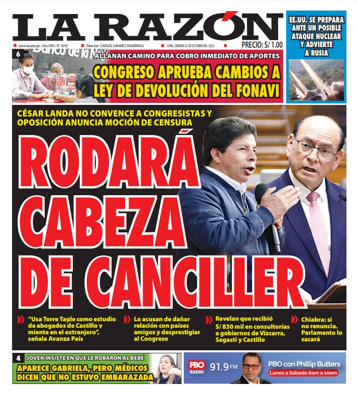 Portada impresa – Diario La Razón (22/10/2022)