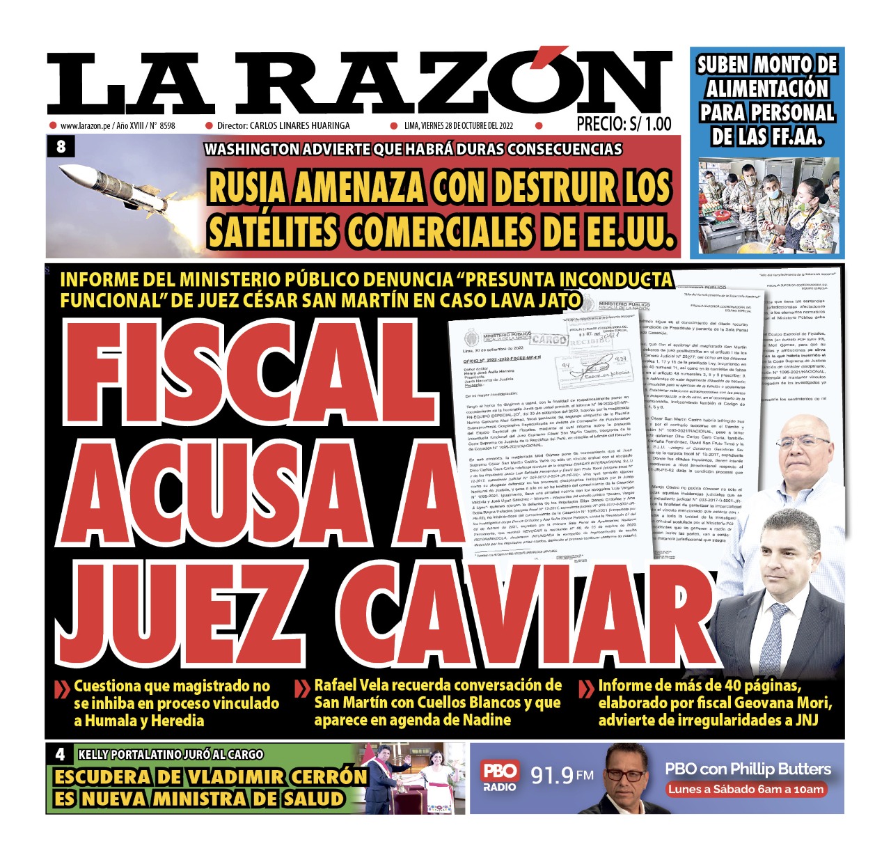 Portada impresa – Diario La Razón (28/10/2022)