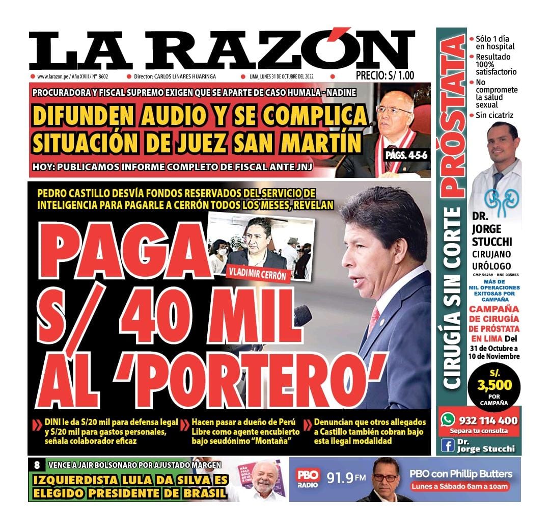 Portada impresa – Diario La Razón (31/10/2022)