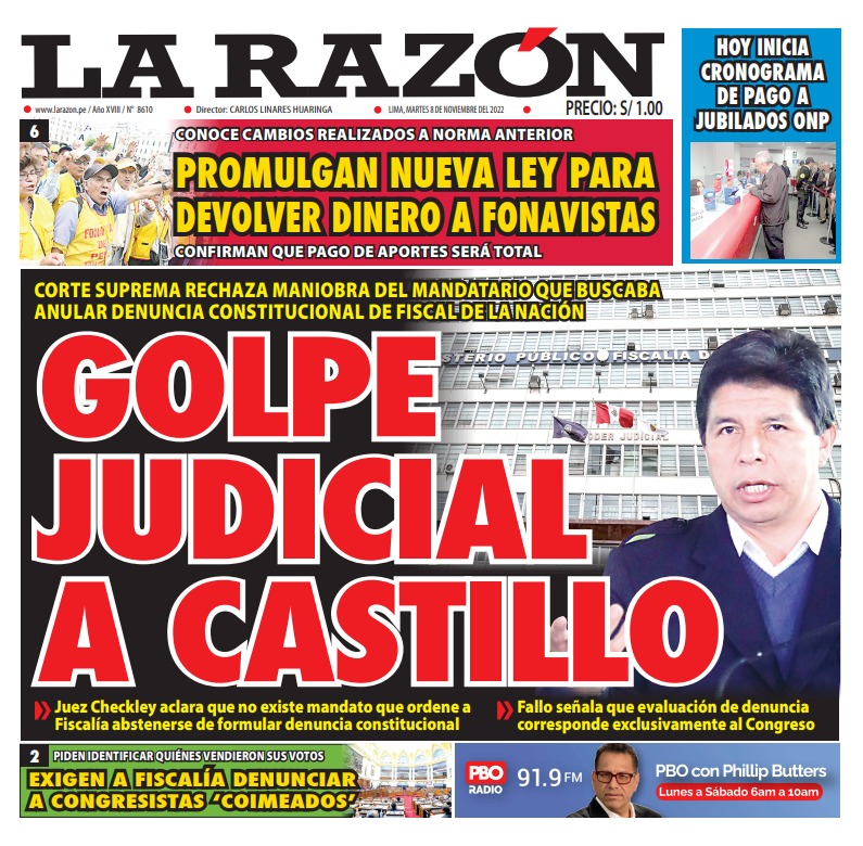Portada impresa – Diario La Razón (08112022)