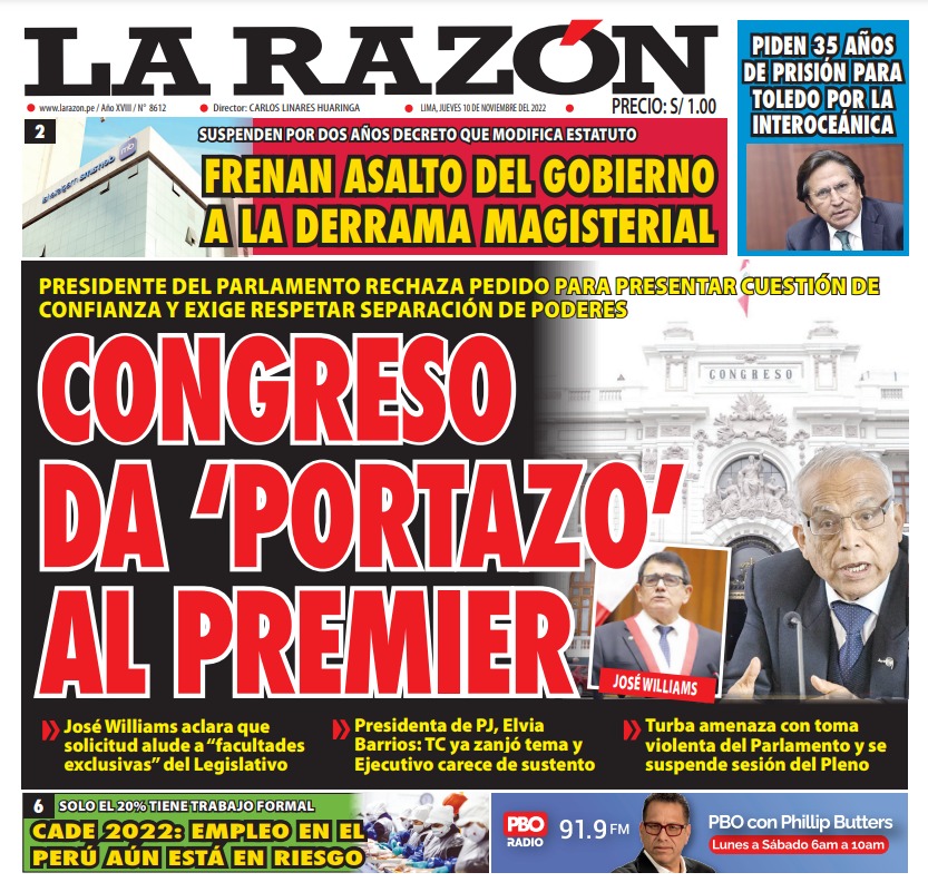 Portada impresa – Diario La Razón (10/11/2022)