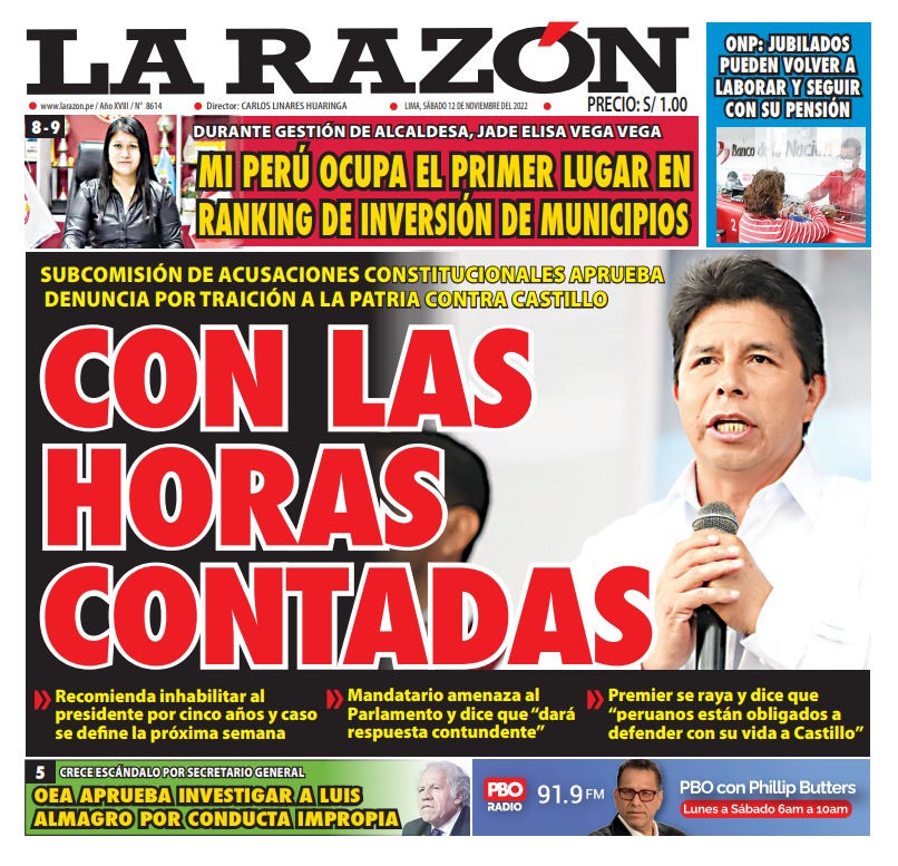 Portada impresa – Diario La Razón (12-11-2022)