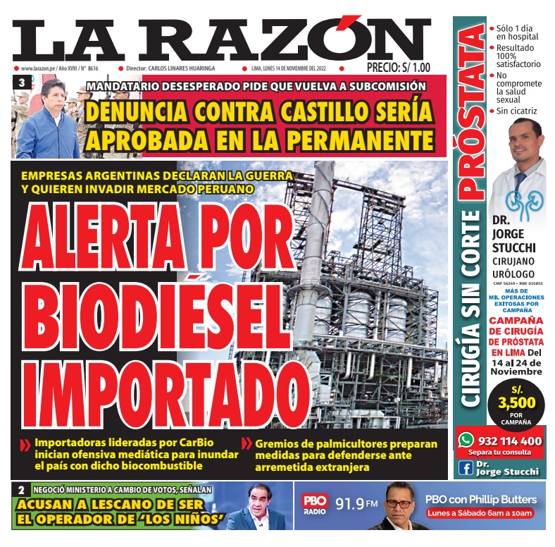 Portada impresa – Diario La Razón (14/11/2022)