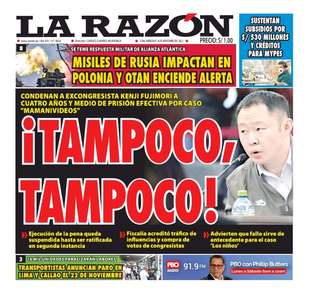 Portada impresa – Diario La Razón (16/11/2022)