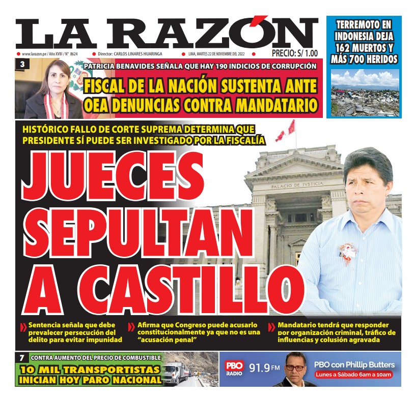 Portada impresa – Diario La Razón (22/11/2022)