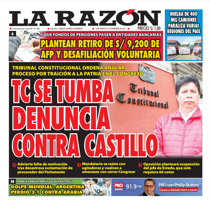 Portada impresa – Diario La Razón (23/11/2022)