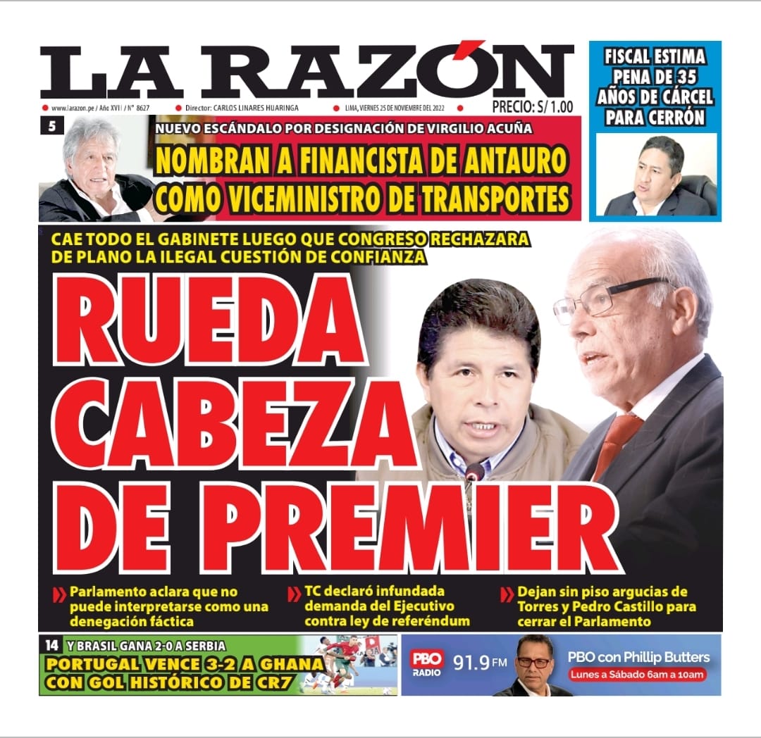 Portada impresa – Diario La Razón (25/11/2022)