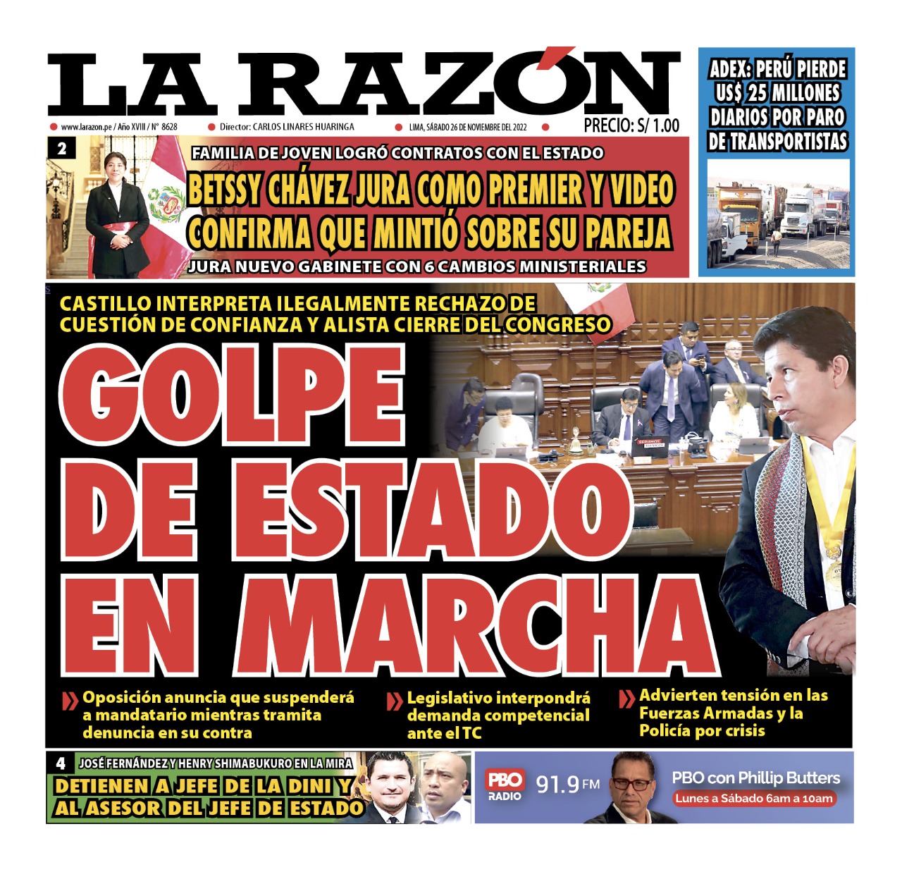 Portada impresa – Diario La Razón (26/11/2022)