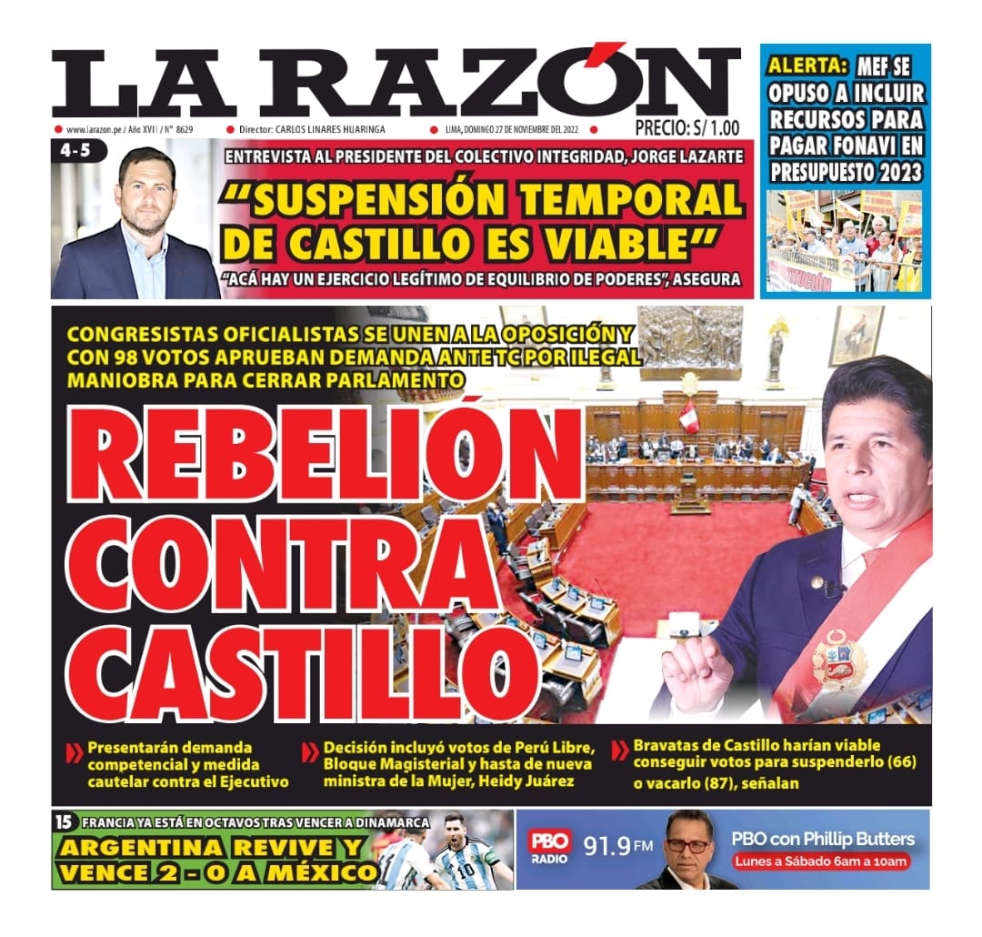 Portada impresa – Diario La Razón (27/11/2022)