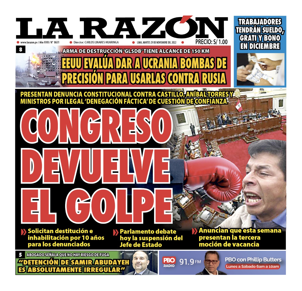 Portada impresa – Diario La Razón (29/11/2022)
