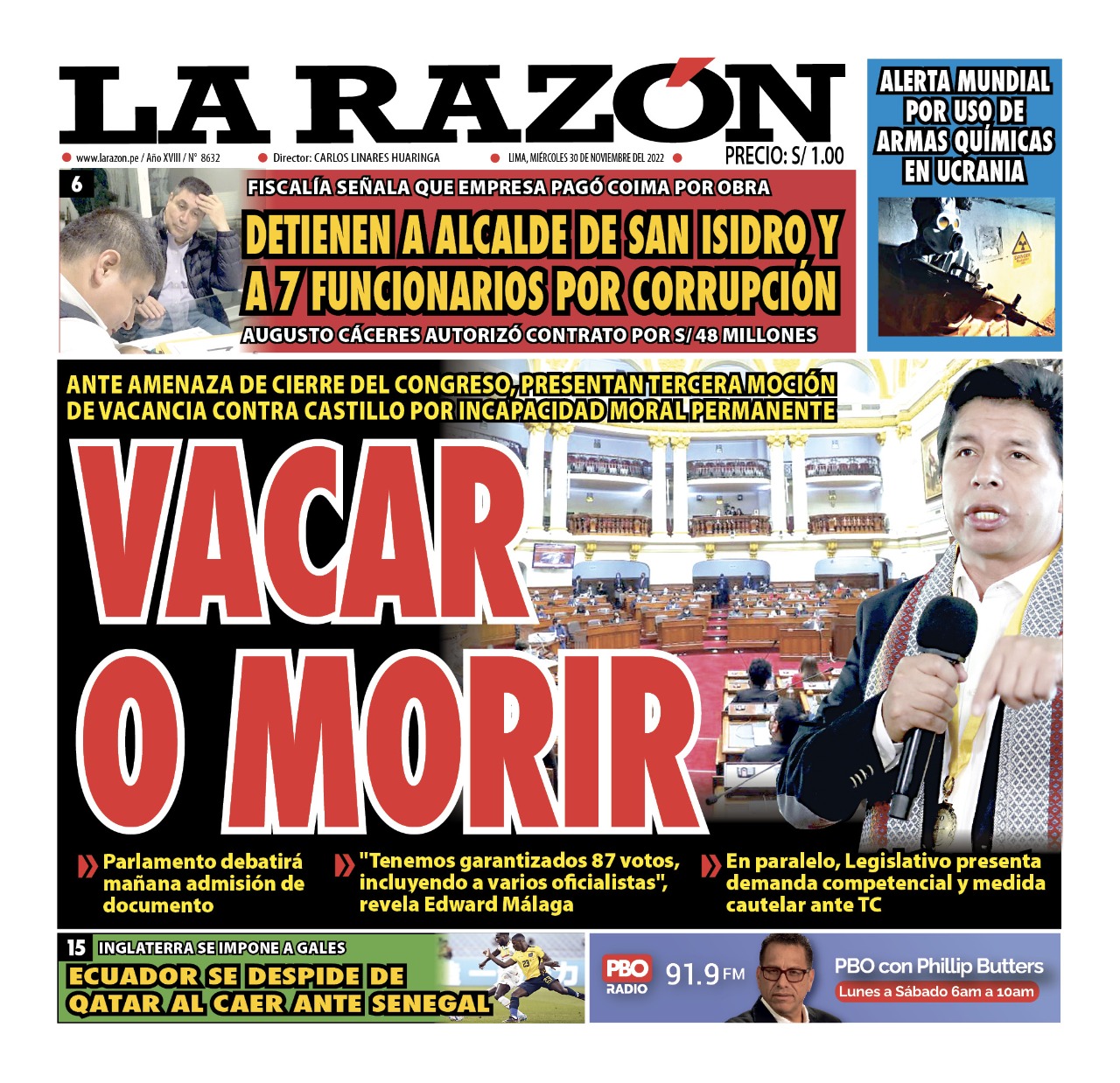 Portada impresa – Diario La Razón 30-11-2022