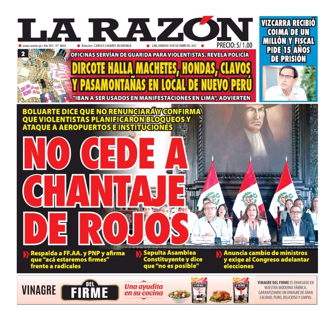 Portada impresa – Diario La  Razón (18/12/2022)