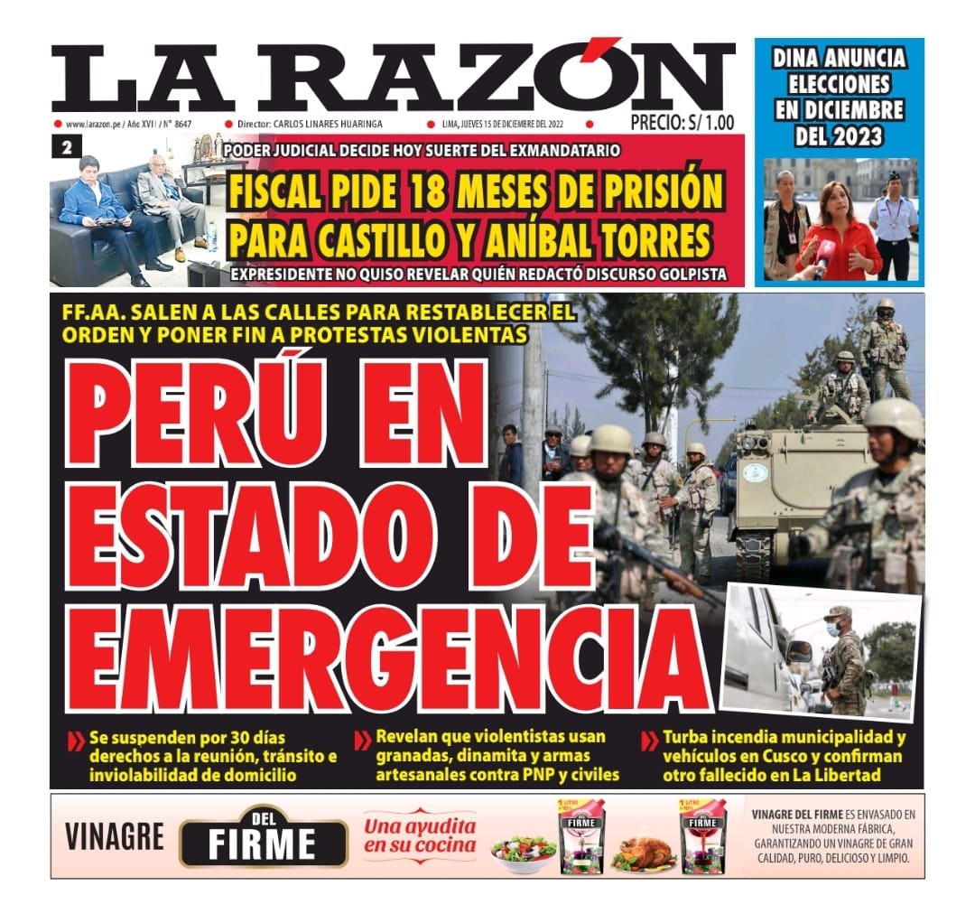Portada impresa – Diario La Razón (15/12/2022)