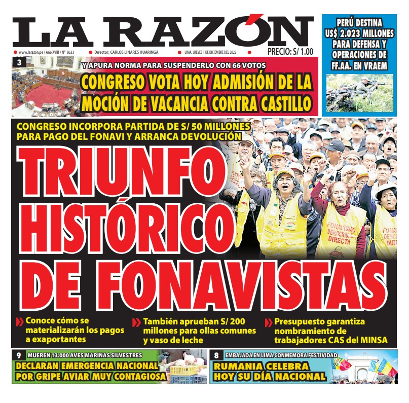 Portada impresa – Diario La Razón (01/12/2022)